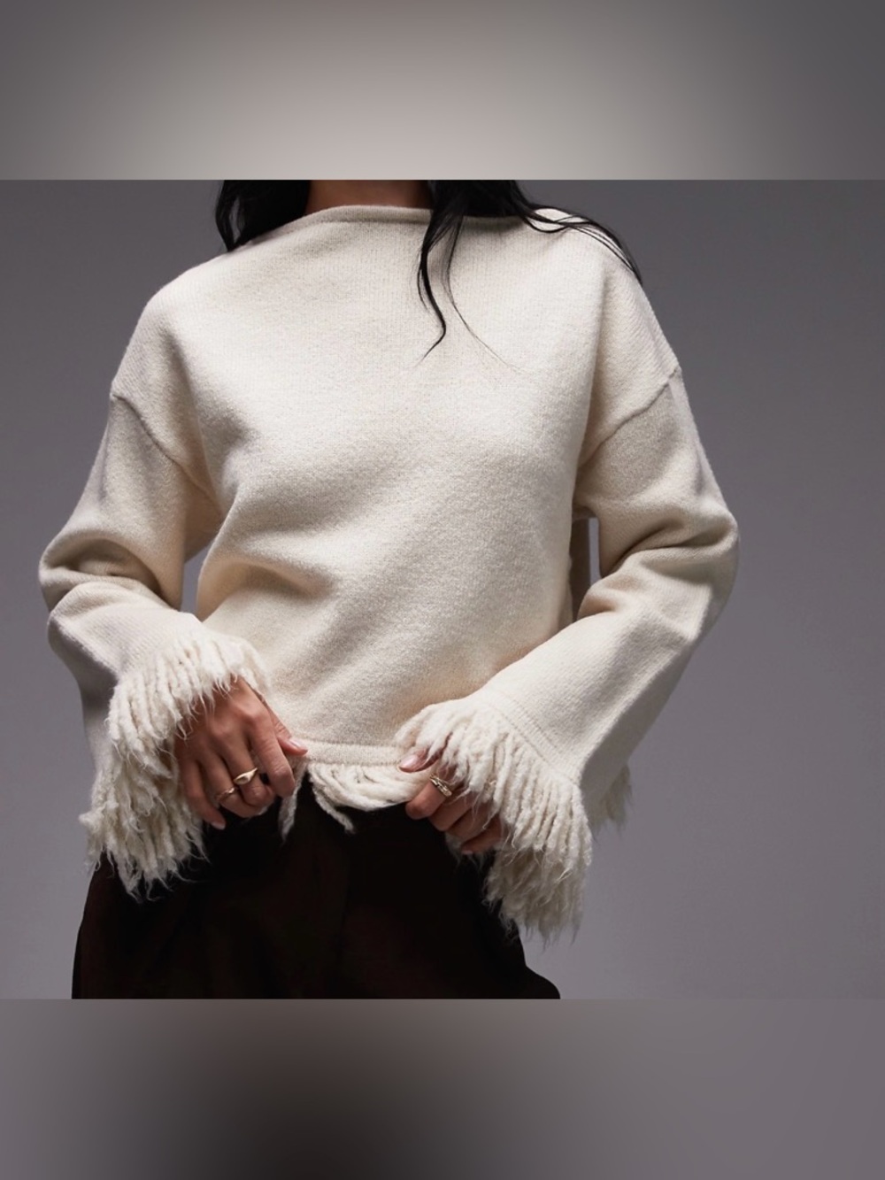 ASOS Cream Fringe-Trim Crewneck Sweater